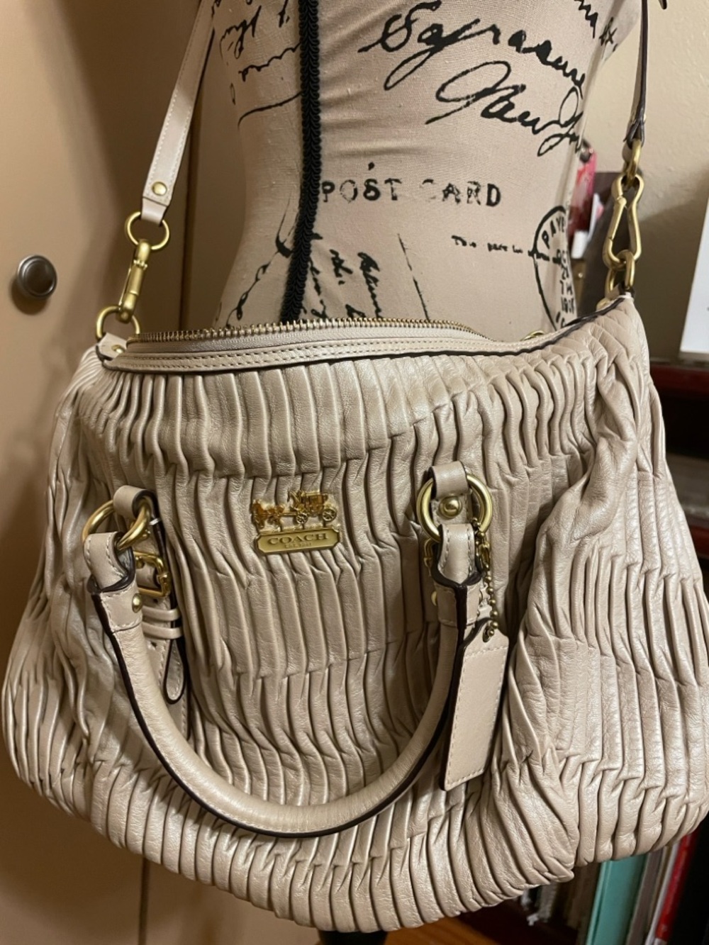 Coach Madison Gathered Ruched Leather Shoulder Bag in Cream with Gold Hardware